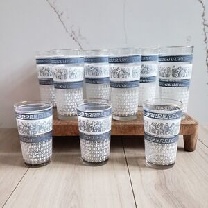 Vintage Jeanette Glass Greek Roman Tumblers Set of 9 Blue White Gold Trim